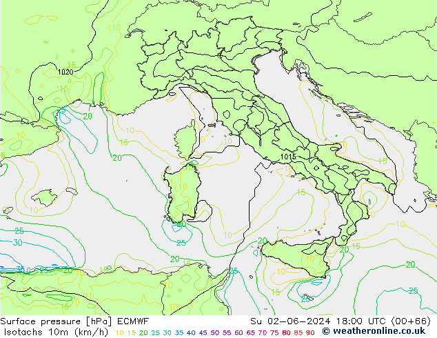 Isotachs (kph) ECMWF dom 02.06.2024 18 UTC