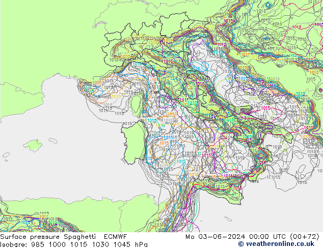 Luchtdruk op zeeniveau Spaghetti ECMWF ma 03.06.2024 00 UTC