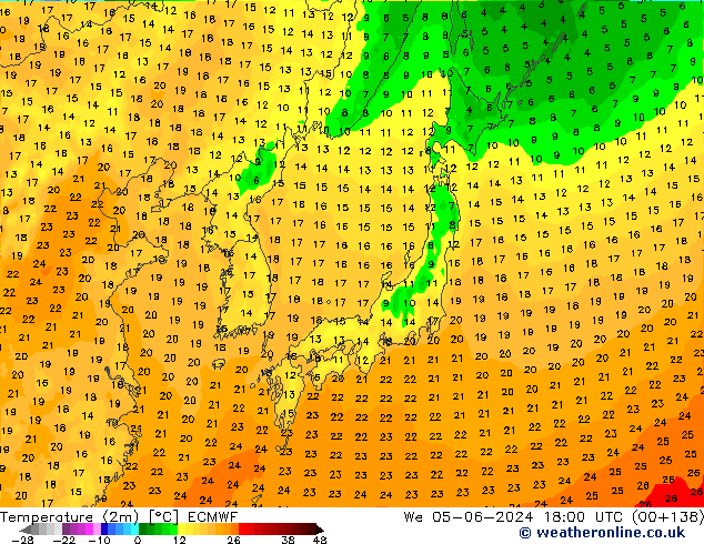 mapa temperatury (2m) ECMWF śro. 05.06.2024 18 UTC