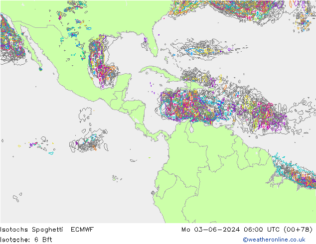 Isotachs Spaghetti ECMWF Po 03.06.2024 06 UTC