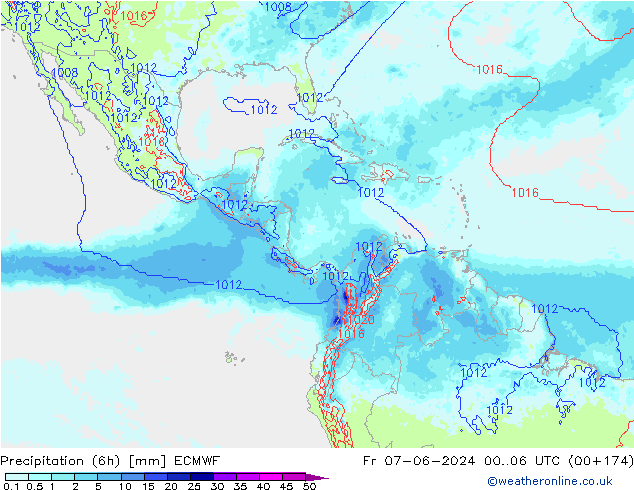 Totale neerslag (6h) ECMWF vr 07.06.2024 06 UTC