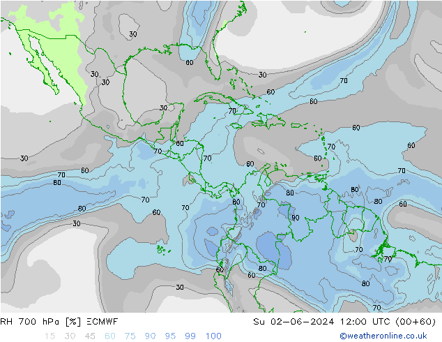 RH 700 hPa ECMWF nie. 02.06.2024 12 UTC