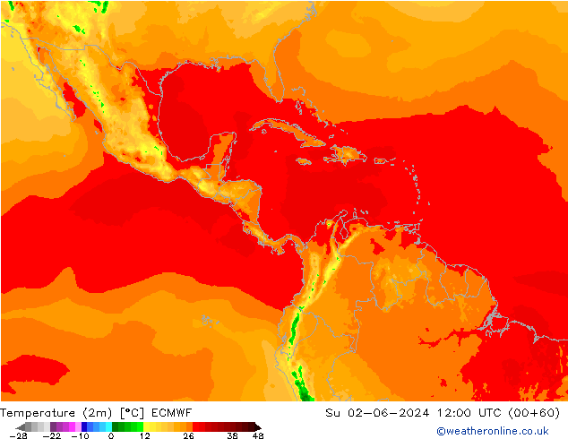 Temperatuurkaart (2m) ECMWF zo 02.06.2024 12 UTC