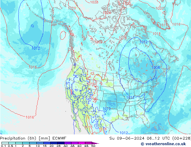 Totale neerslag (6h) ECMWF zo 09.06.2024 12 UTC