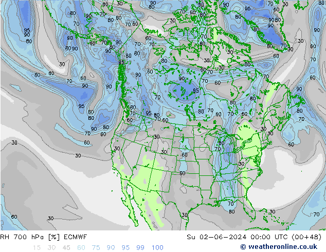 RH 700 hPa ECMWF Dom 02.06.2024 00 UTC