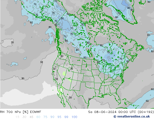 RH 700 hPa ECMWF sab 08.06.2024 00 UTC