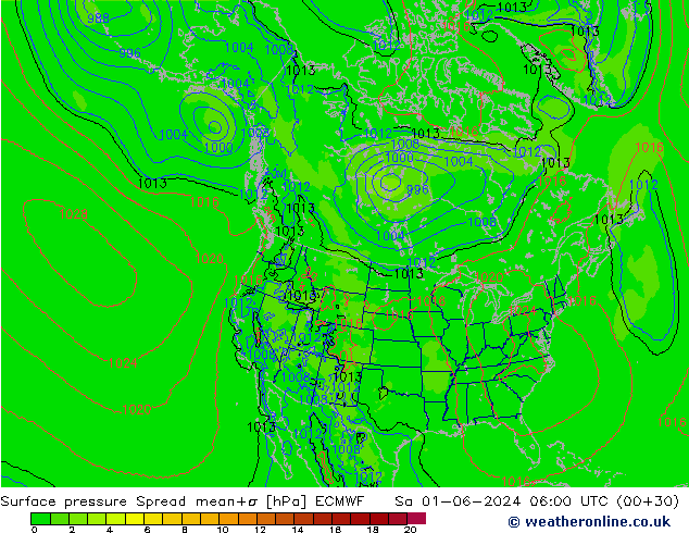 Surface pressure Spread ECMWF Sa 01.06.2024 06 UTC