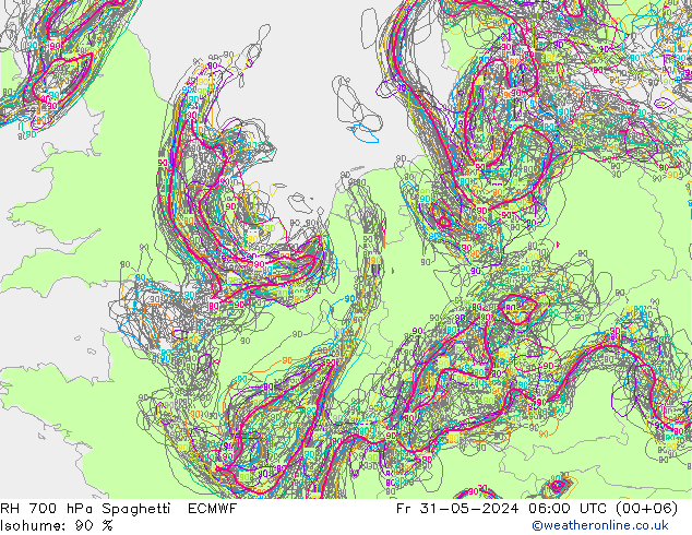 RH 700 hPa Spaghetti ECMWF Fr 31.05.2024 06 UTC