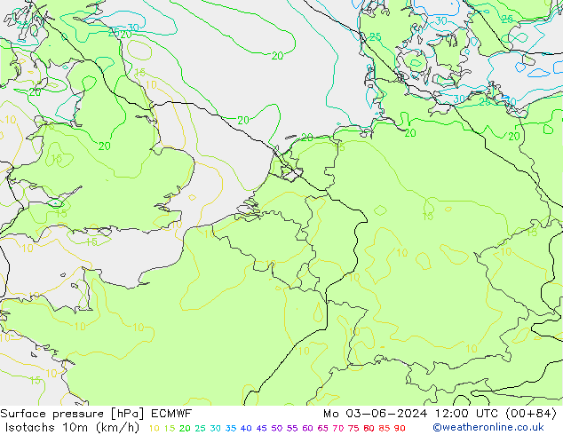 Isotachs (kph) ECMWF  03.06.2024 12 UTC