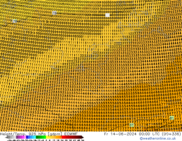 Hoogte/Temp. 925 hPa ECMWF vr 14.06.2024 00 UTC