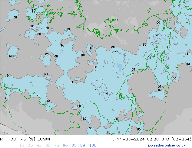 RH 700 hPa ECMWF Tu 11.06.2024 00 UTC