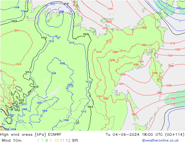 High wind areas ECMWF Út 04.06.2024 18 UTC