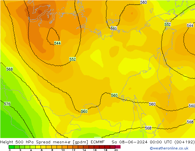 Height 500 hPa Spread ECMWF sab 08.06.2024 00 UTC