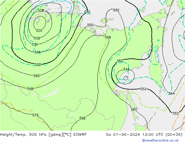 Hoogte/Temp. 500 hPa ECMWF za 01.06.2024 12 UTC