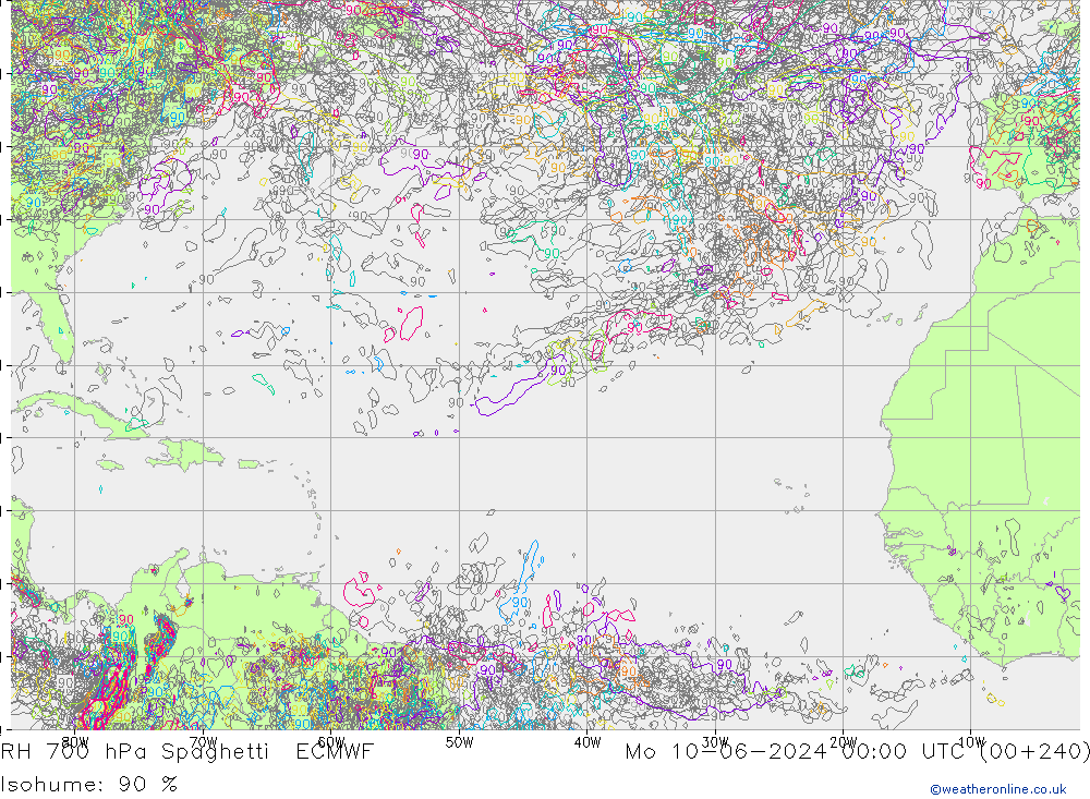 RH 700 hPa Spaghetti ECMWF  10.06.2024 00 UTC