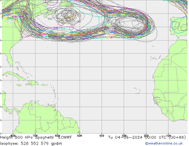 Height 500 hPa Spaghetti ECMWF Út 04.06.2024 00 UTC