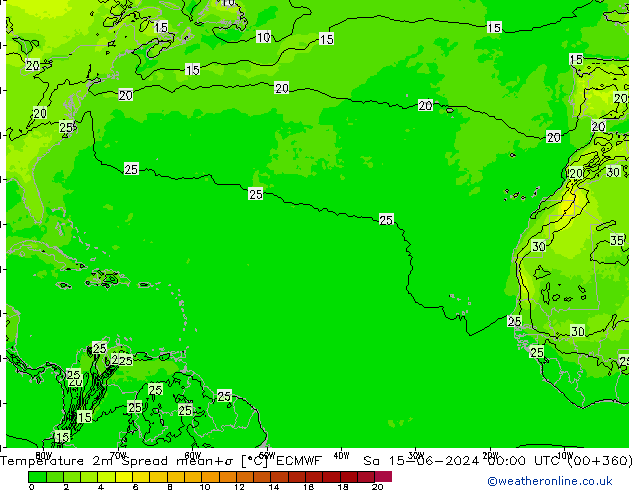 карта температуры Spread ECMWF сб 15.06.2024 00 UTC