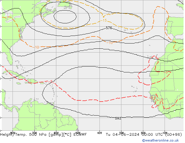 Height/Temp. 500 hPa ECMWF Tu 04.06.2024 00 UTC