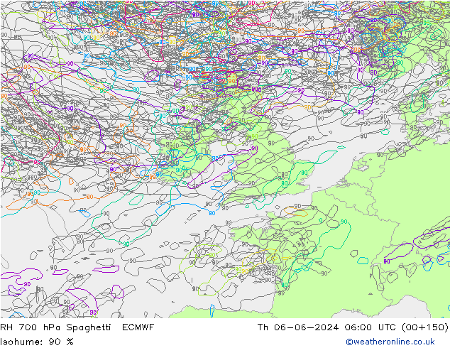 RH 700 hPa Spaghetti ECMWF Th 06.06.2024 06 UTC