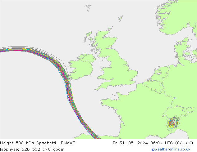 Height 500 hPa Spaghetti ECMWF Sex 31.05.2024 06 UTC