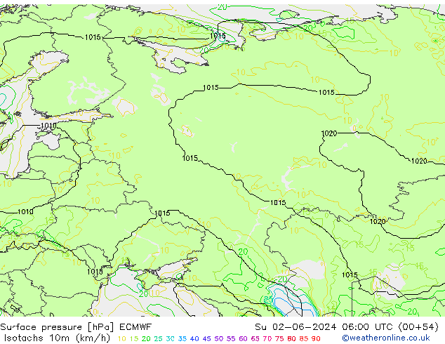 Isotachen (km/h) ECMWF zo 02.06.2024 06 UTC