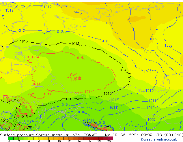 Presión superficial Spread ECMWF lun 10.06.2024 00 UTC