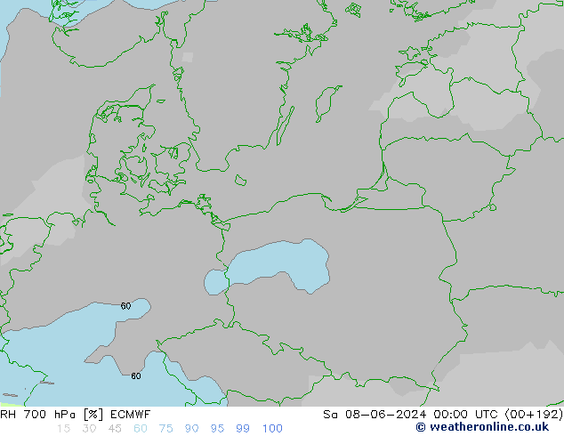 RH 700 hPa ECMWF Sáb 08.06.2024 00 UTC