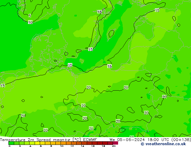 карта температуры Spread ECMWF ср 05.06.2024 18 UTC