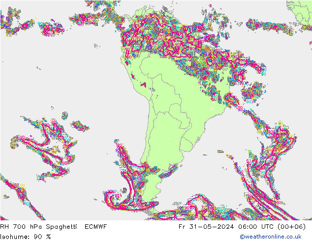 Humedad rel. 700hPa Spaghetti ECMWF vie 31.05.2024 06 UTC