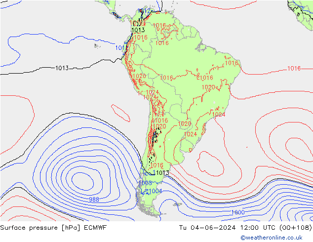 Surface pressure ECMWF Tu 04.06.2024 12 UTC