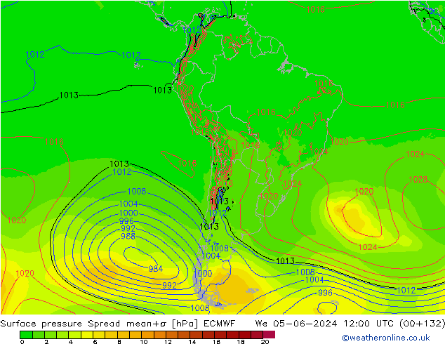 Pressione al suolo Spread ECMWF mer 05.06.2024 12 UTC