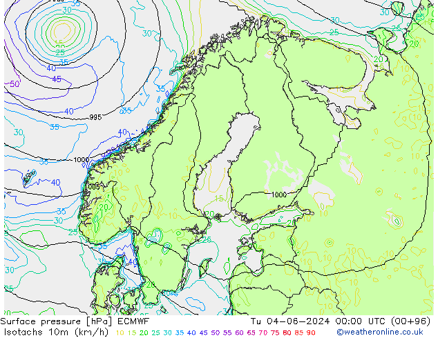 Eşrüzgar Hızları (km/sa) ECMWF Sa 04.06.2024 00 UTC