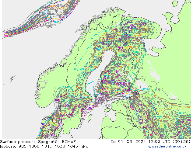 Presión superficial Spaghetti ECMWF sáb 01.06.2024 12 UTC