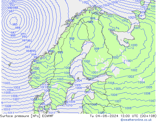 Surface pressure ECMWF Tu 04.06.2024 12 UTC