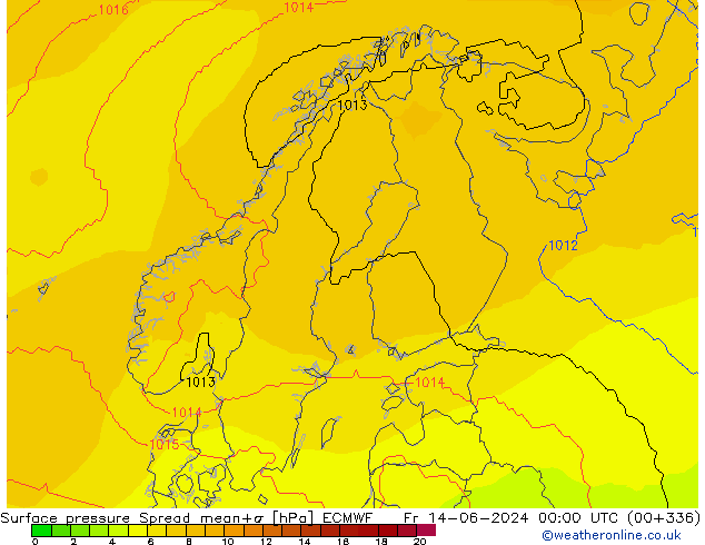 Pressione al suolo Spread ECMWF ven 14.06.2024 00 UTC