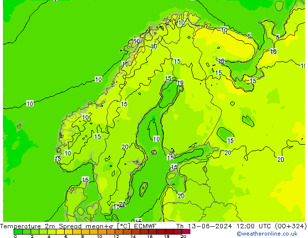 Temperature 2m Spread ECMWF Th 13.06.2024 12 UTC