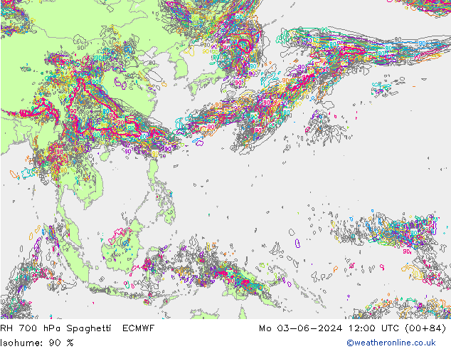 RH 700 hPa Spaghetti ECMWF Seg 03.06.2024 12 UTC