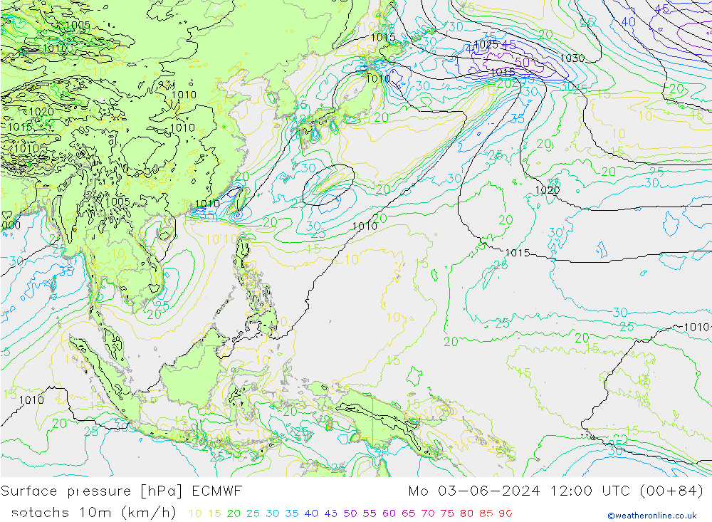 Isotachs (kph) ECMWF  03.06.2024 12 UTC