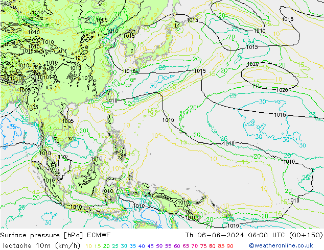 Isotachs (kph) ECMWF Th 06.06.2024 06 UTC