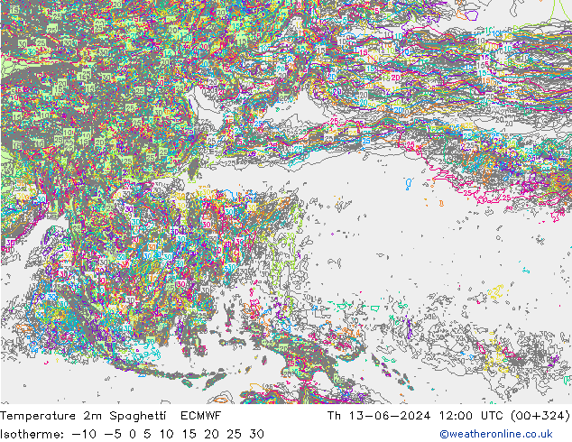 Temperature 2m Spaghetti ECMWF Th 13.06.2024 12 UTC