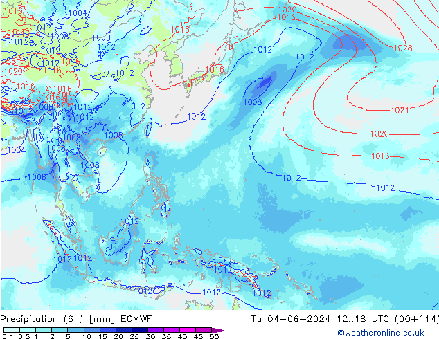 Totale neerslag (6h) ECMWF di 04.06.2024 18 UTC