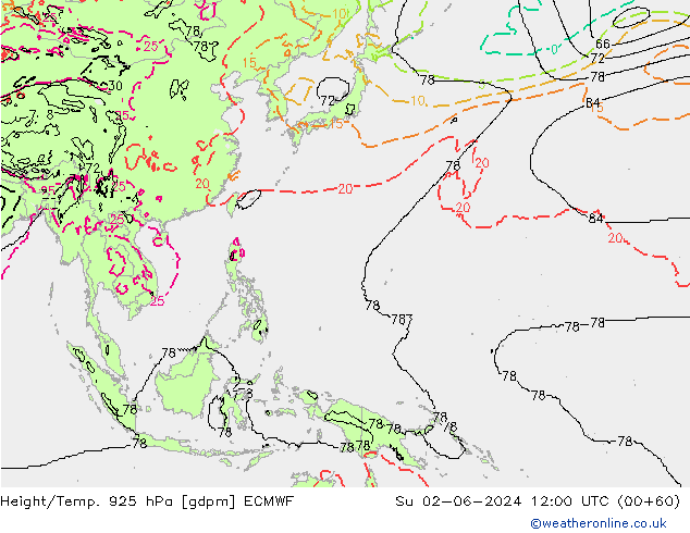 Height/Temp. 925 hPa ECMWF Su 02.06.2024 12 UTC