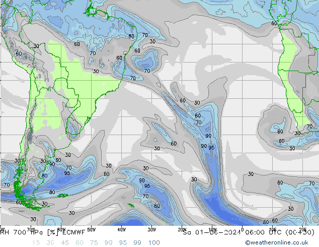 RH 700 hPa ECMWF Sa 01.06.2024 06 UTC