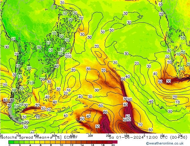 Isotachs Spread ECMWF sam 01.06.2024 12 UTC