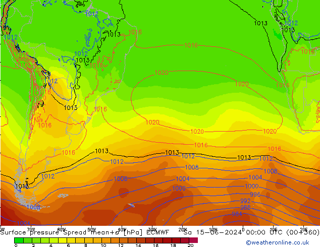 Surface pressure Spread ECMWF Sa 15.06.2024 00 UTC