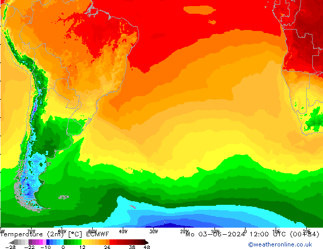 Temperature (2m) ECMWF Po 03.06.2024 12 UTC