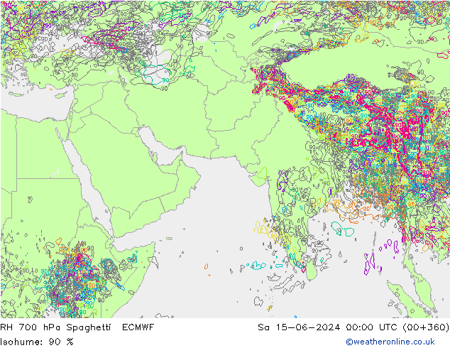 RH 700 hPa Spaghetti ECMWF Sa 15.06.2024 00 UTC