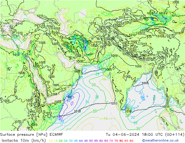 Isotachs (kph) ECMWF Út 04.06.2024 18 UTC