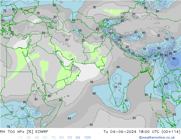 RH 700 hPa ECMWF Tu 04.06.2024 18 UTC