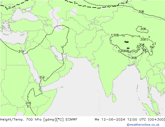 Height/Temp. 700 hPa ECMWF Mi 12.06.2024 12 UTC